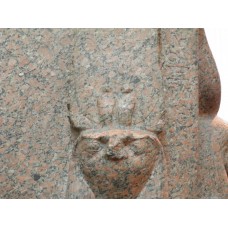 Sculpture of king Thutmose III, falcon-headed god, two uraei